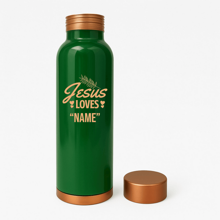 Custom Personalized Copper Water Bottle with Jesus Loves Your Name Foliage Design | Pure Copper | 33 Oz - Shepherds Shelf