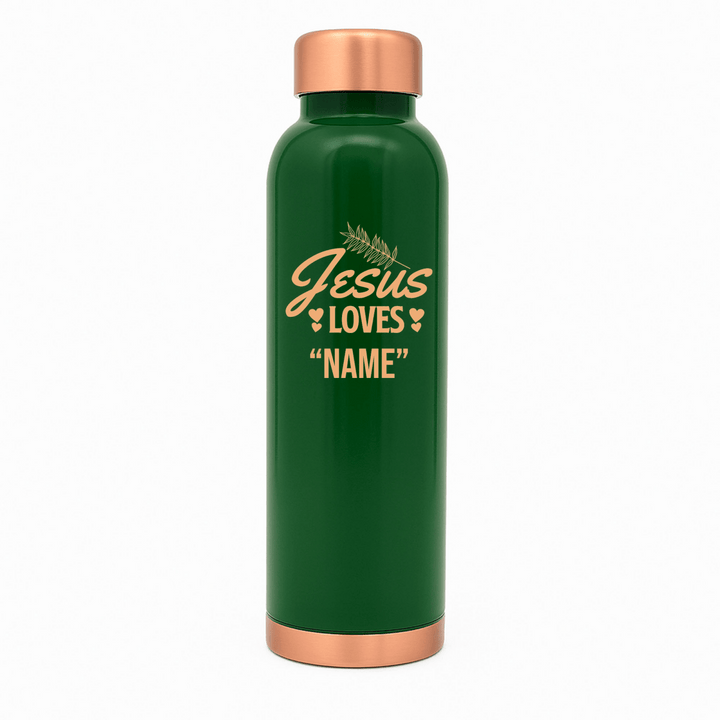 Custom Personalized Copper Water Bottle with Jesus Loves Your Name Foliage Design | Pure Copper | 33 Oz - Shepherds Shelf