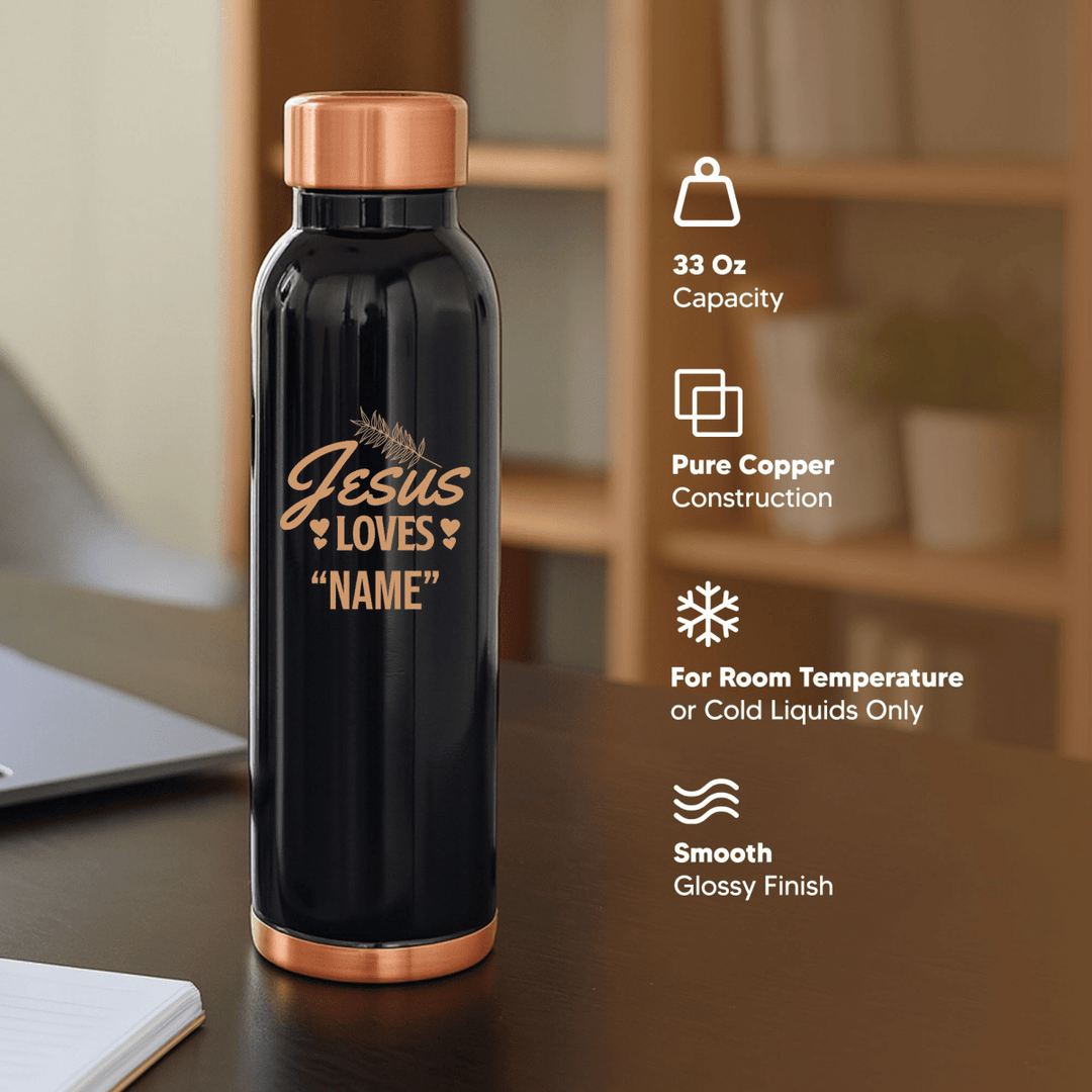Custom Personalized Copper Water Bottle with Jesus Loves Your Name Foliage Design | Pure Copper | 33 Oz - Shepherds Shelf