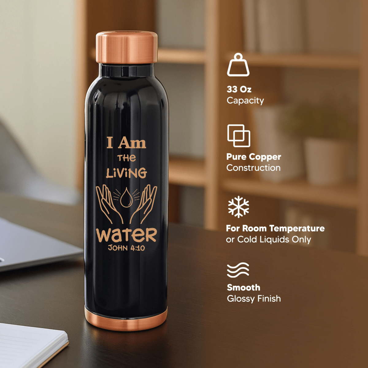 Custom Personalized Copper Water Bottle with John 4:10 and Name | Pure Copper | 33 Oz | Black - Shepherds Shelf