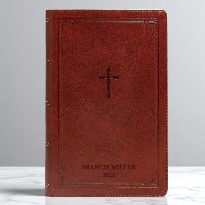 Custom Personalized NKJV Brown Reference Holy Bible | Large Text | Faux Leather Red Letter Edition | Lay Flat Cross Design | Shepherds Shelf - Shepherds Shelf