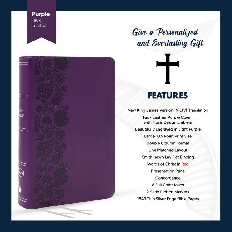 NKJV Purple Standard Size Holy Bible Large Print | Lay Flat Floral