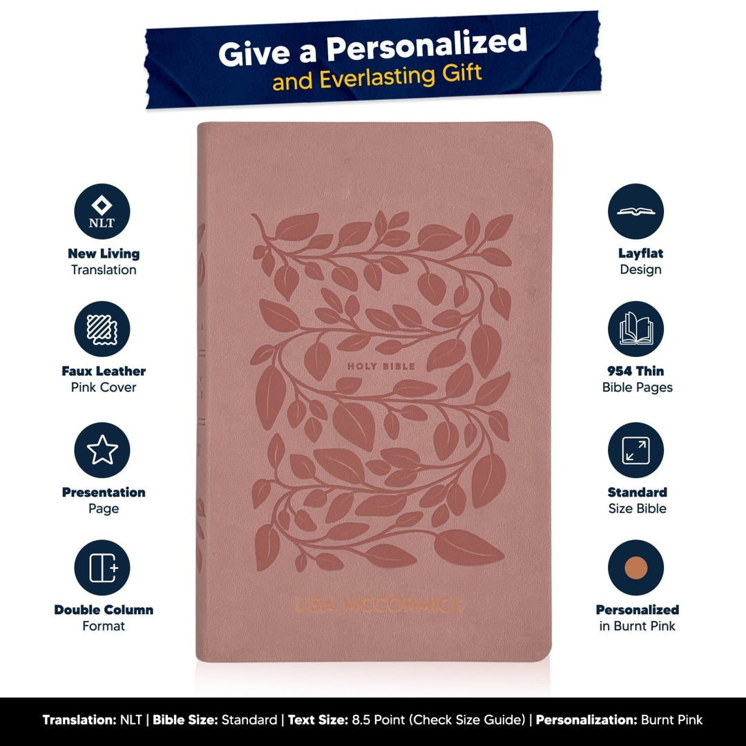 Custom Personalized Pink NLT Holy Bible | Medium Print | Faux Leather Vine Design - Shepherds Shelf