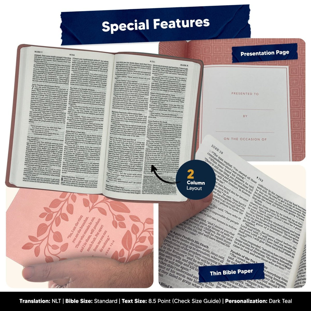 Custom Personalized Pink NLT Holy Bible | Medium Print | Faux Leather Vine Design - Shepherds Shelf