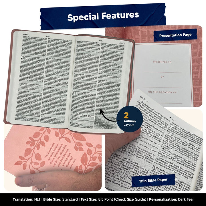 Custom Personalized Pink NLT Holy Bible | Medium Print | Faux Leather Vine Design - Shepherds Shelf