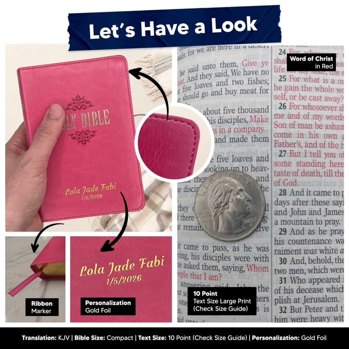 Custom Personalized Pink Small Compact Faux Leather KJV Holy Bible | Large Print - Shepherds Shelf