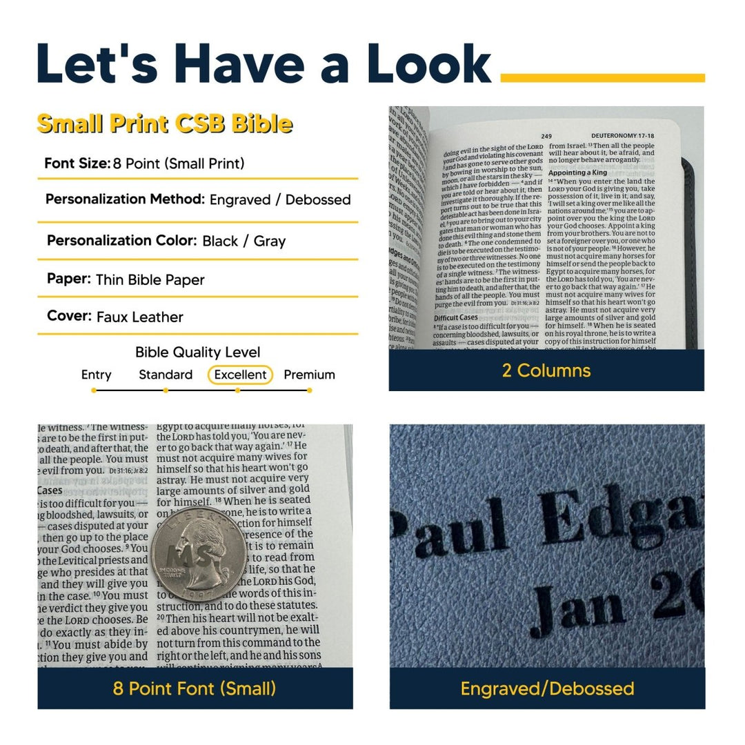 Custom Personalized Small CSB Holy Bible | Compact Faux Leather | Small Text | Gray | Shepherds Shelf - Shepherds Shelf