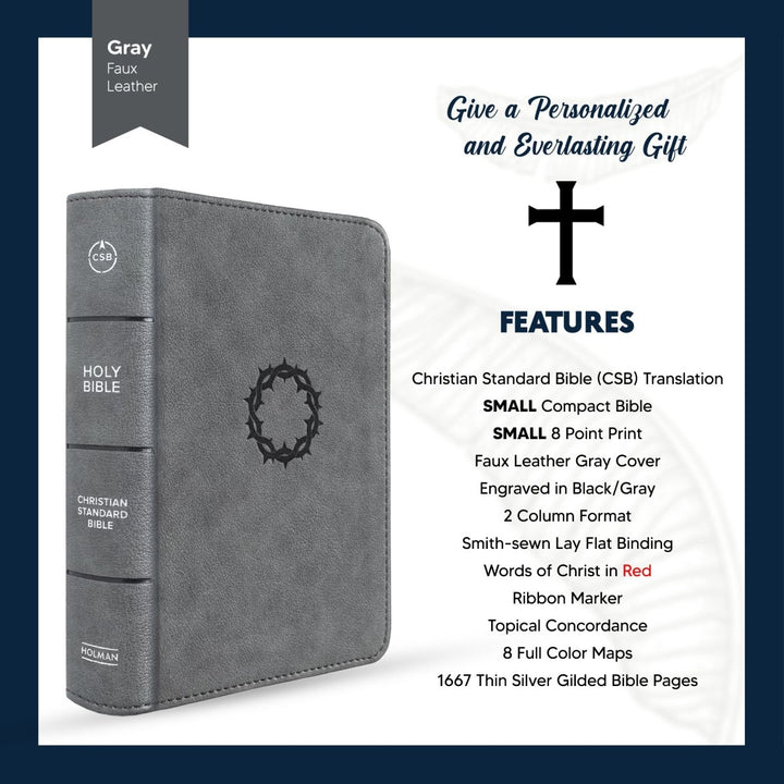 Custom Personalized Small CSB Holy Bible | Compact Faux Leather | Small Text | Gray | Shepherds Shelf - Shepherds Shelf