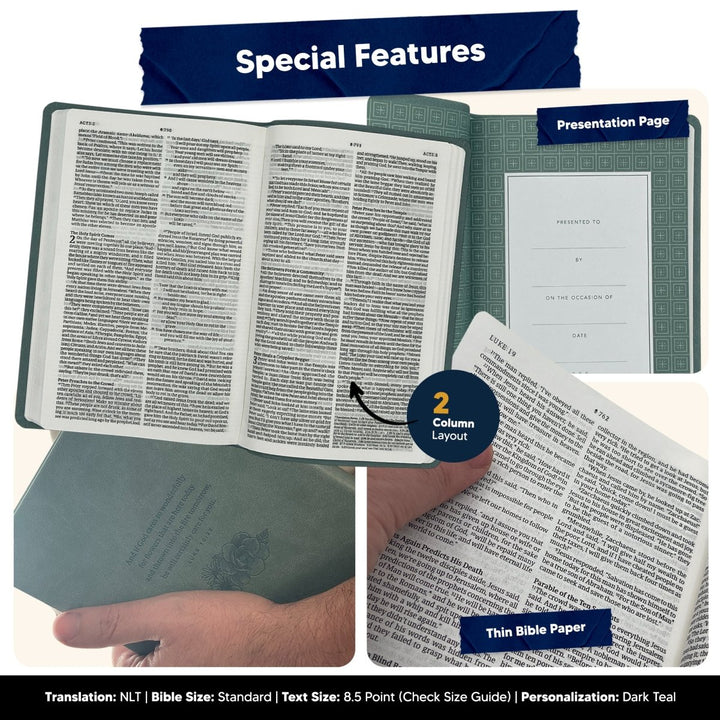 Custom Personalized Teal NLT Holy Bible | Medium Print | Floral Faux Leather - Shepherds Shelf