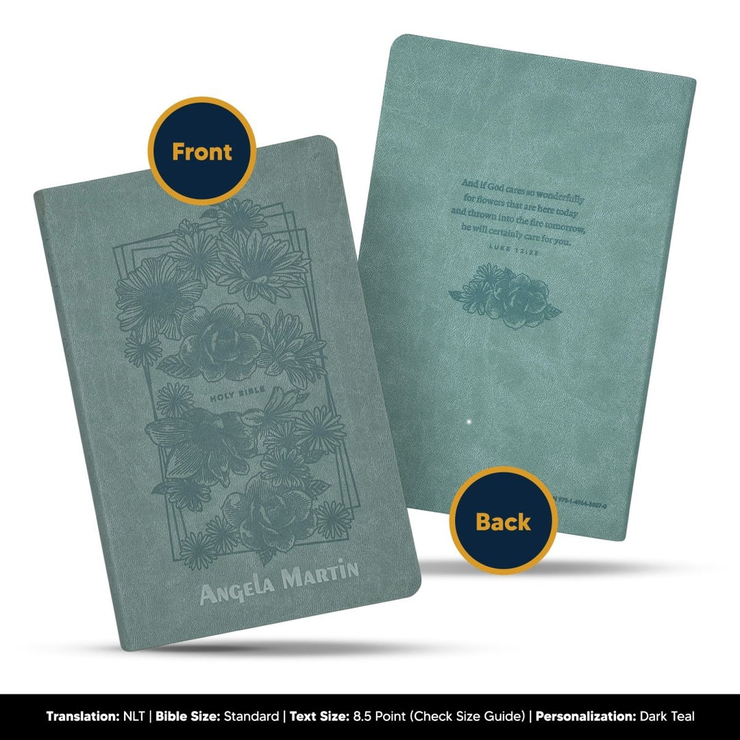 Custom Personalized Teal NLT Holy Bible | Medium Print | Floral Faux Leather - Shepherds Shelf