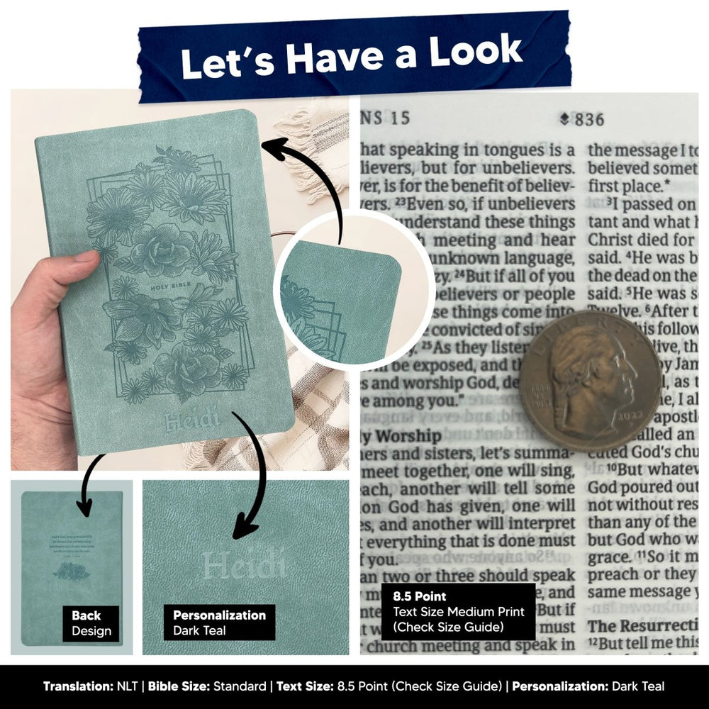 Custom Personalized Teal NLT Holy Bible | Medium Print | Floral Faux Leather - Shepherds Shelf