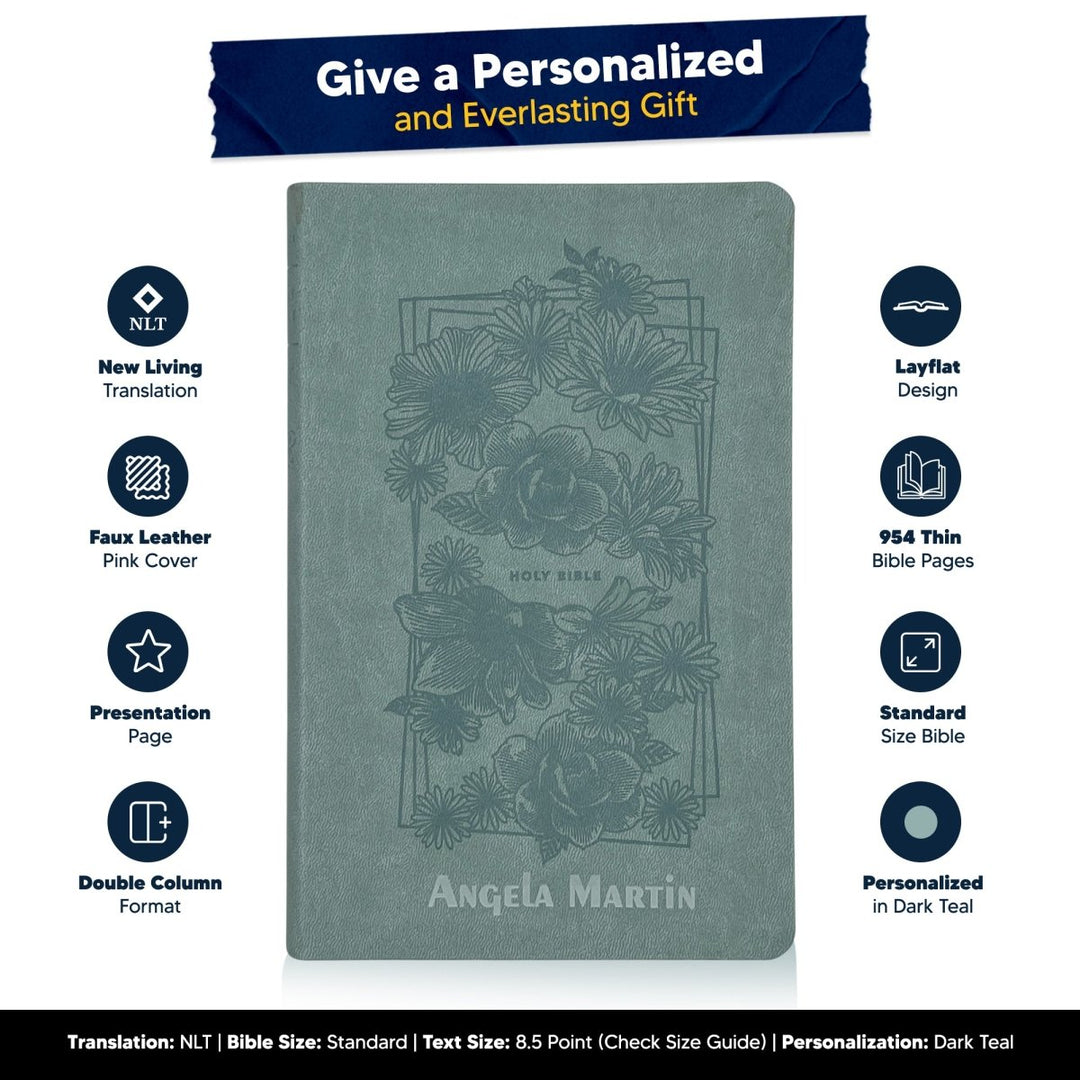 Custom Personalized Teal NLT Holy Bible | Medium Print | Floral Faux Leather - Shepherds Shelf