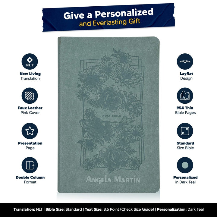 Custom Personalized Teal NLT Holy Bible | Medium Print | Floral Faux Leather - Shepherds Shelf