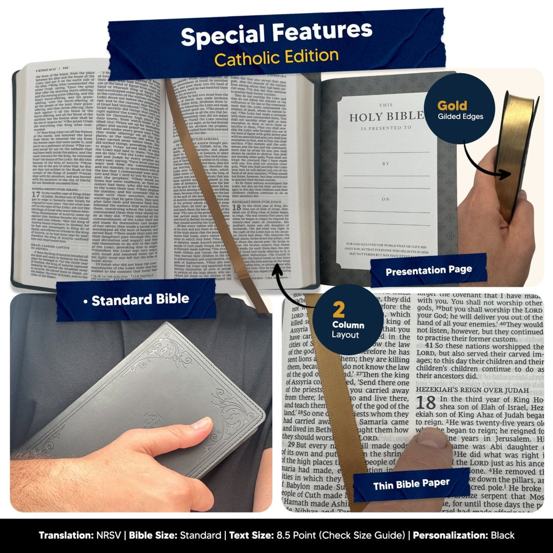 Customized NRSV Catholic Edition Black Holy Bible | Medium Print | Faux Leather - Shepherds Shelf