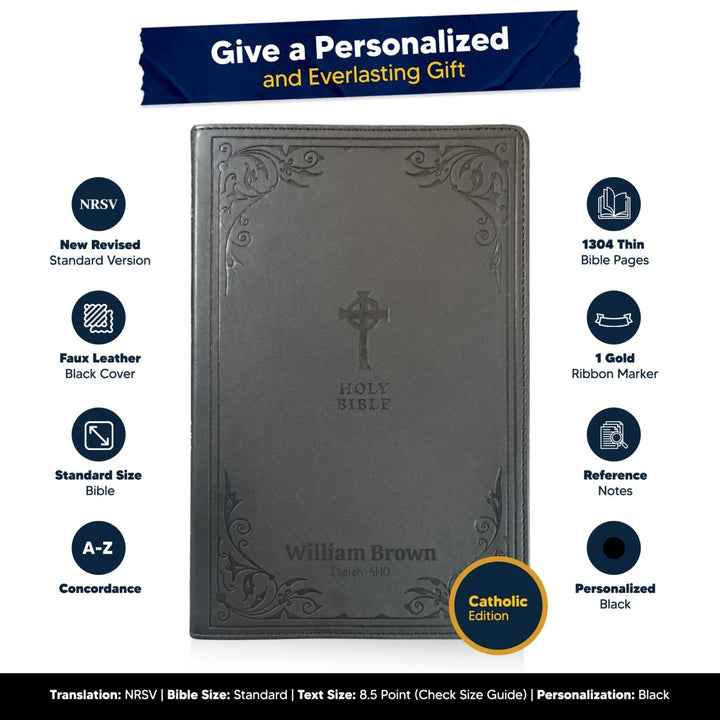 Customized NRSV Catholic Edition Black Holy Bible | Medium Print | Faux Leather - Shepherds Shelf
