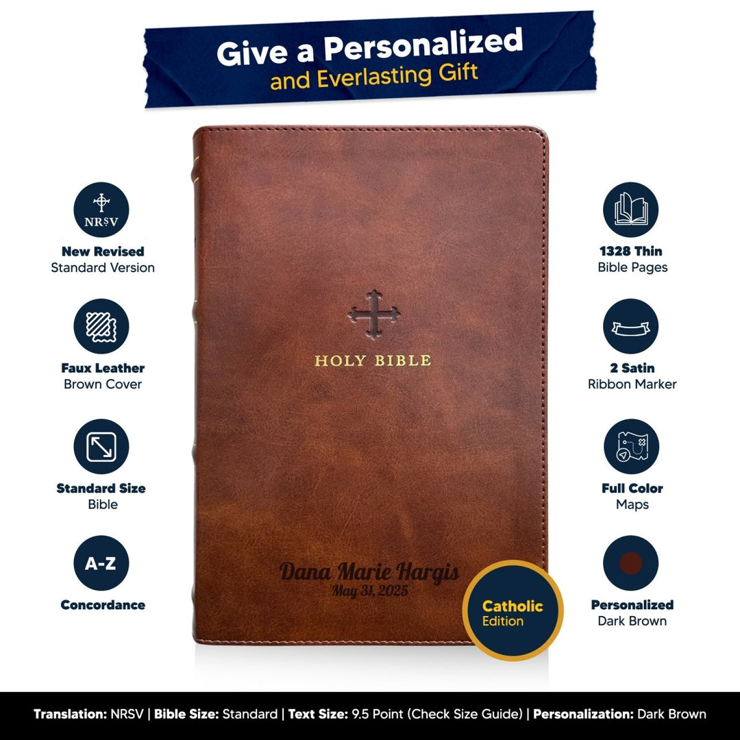 Customized NRSV Catholic Edition Brown Holy Bible | Medium Print | Faux Leather - Shepherds Shelf