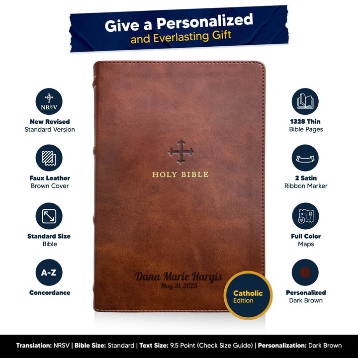 Customized NRSV Catholic Edition Brown Holy Bible | Medium Print | Faux Leather - Shepherds Shelf