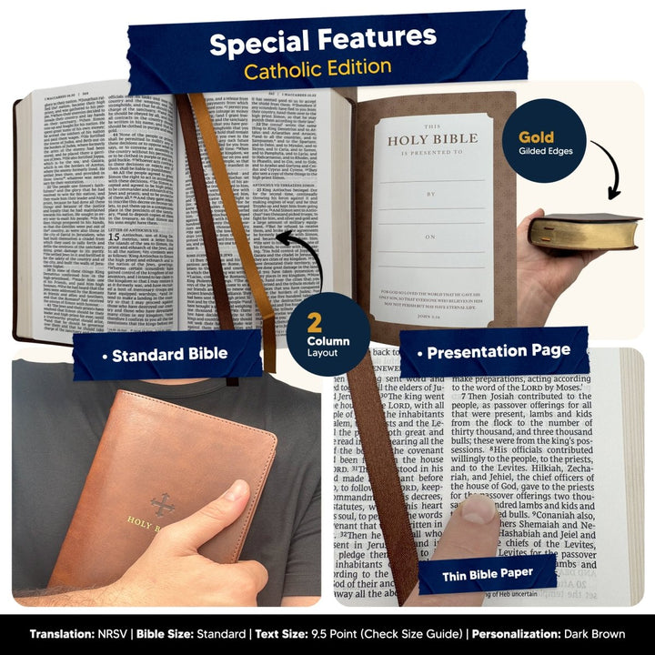 Customized NRSV Catholic Edition Brown Holy Bible | Medium Print | Faux Leather - Shepherds Shelf