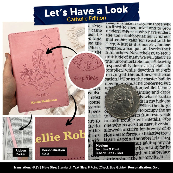 Customized NRSV Catholic Edition Kids Holy Bible for Girls | Medium Print | Pink - Shepherds Shelf