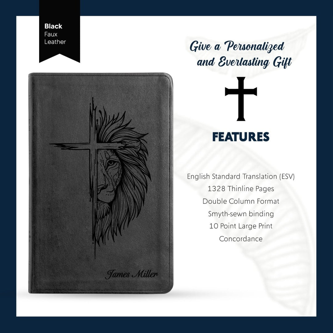 ESV Black Standard Size Thinline Holy Bible Large Print | Cross + Lion - Shepherds Shelf