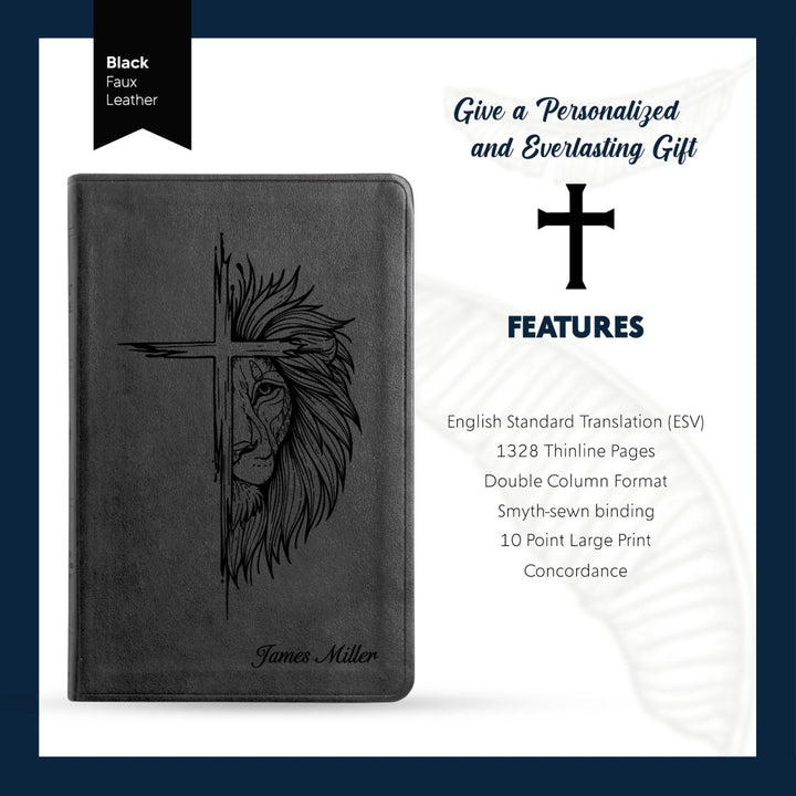 ESV Black Standard Size Thinline Holy Bible Large Print | Cross + Lion - Shepherds Shelf