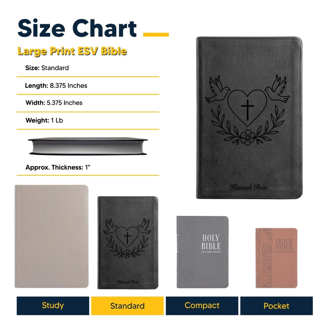 ESV Black Standard Size Thinline Holy Bible Large Print | Dove + Heart and Cross - Shepherds Shelf