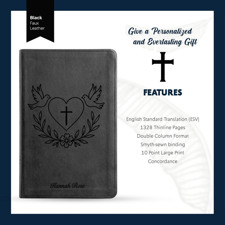 ESV Black Standard Size Thinline Holy Bible Large Print | Dove + Heart and Cross - Shepherds Shelf
