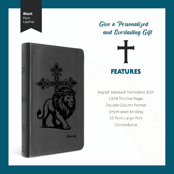 ESV Black Standard Size Thinline Holy Bible Large Print | Lion With Cross - Shepherds Shelf