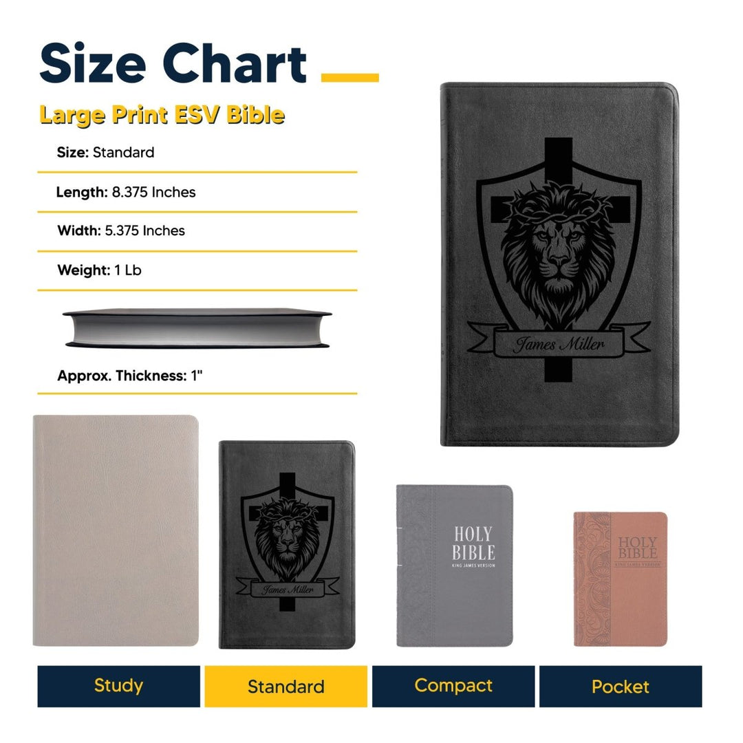 ESV Black Standard Size Thinline Holy Bible Large Print | Lion with Cross Design - Shepherds Shelf