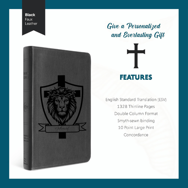 ESV Black Standard Size Thinline Holy Bible Large Print | Lion with Cross Design - Shepherds Shelf