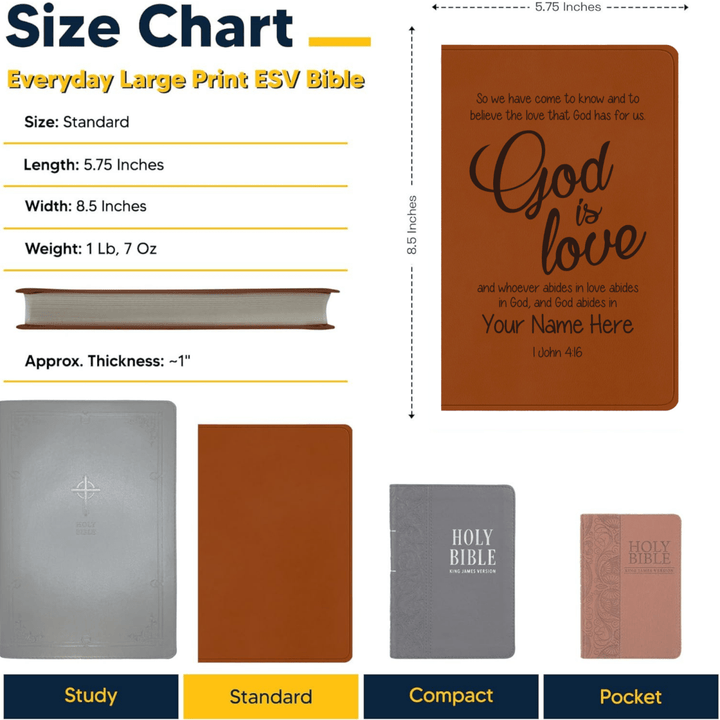 ESV Faux Leather Bible Large Text Custom Full Cover 1 John 4:16 Engraved in Dark Brown | Shepherds Shelf - Shepherds Shelf