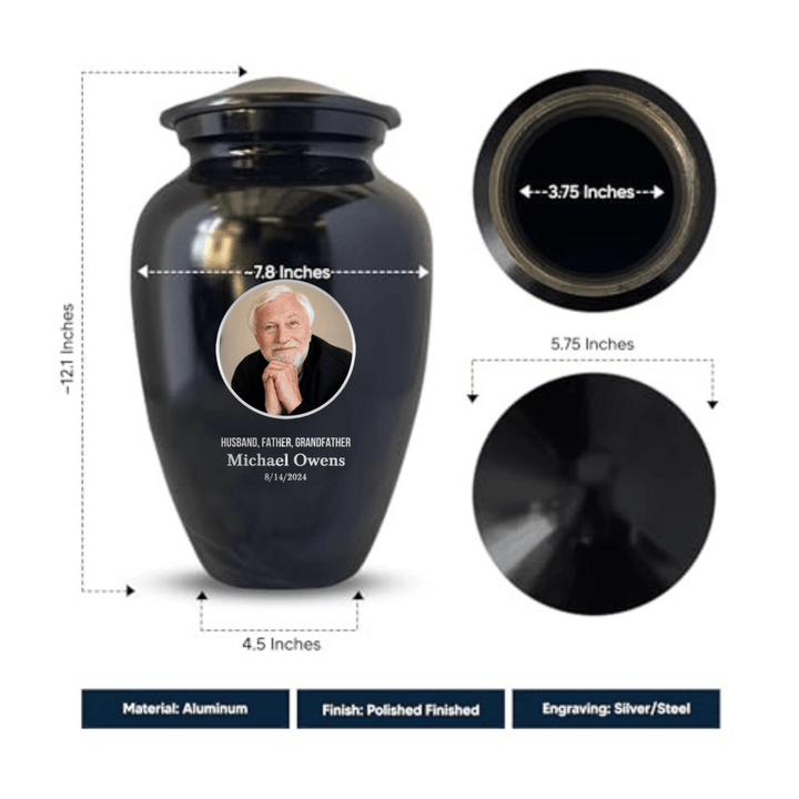 Extra Large Human Cremation Urn with Photo and Engraved Name Date on Vessel for Ashes and Cremains of Men & Women up to 350 Lbs | Black - Shepherds Shelf