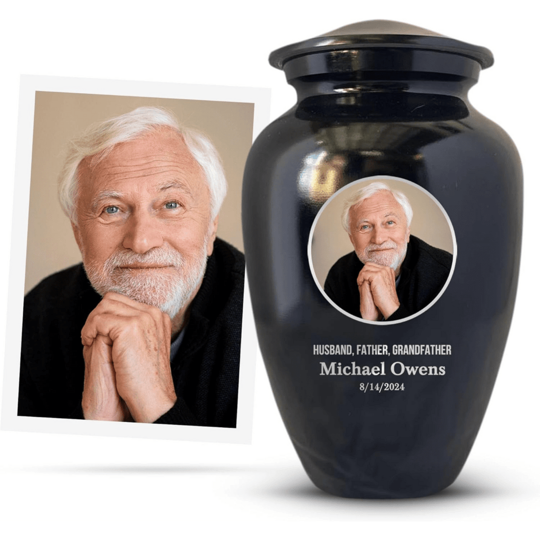 Extra Large Human Cremation Urn with Photo and Engraved Name Date on Vessel for Ashes and Cremains of Men & Women up to 350 Lbs | Black - Shepherds Shelf