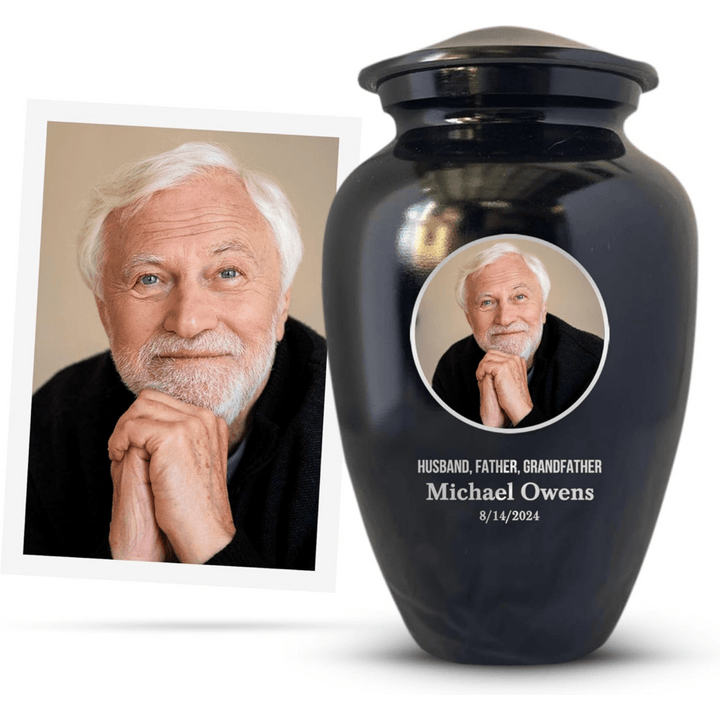 Extra Large Human Cremation Urn with Photo and Engraved Name Date on Vessel for Ashes and Cremains of Men & Women up to 350 Lbs | Black - Shepherds Shelf