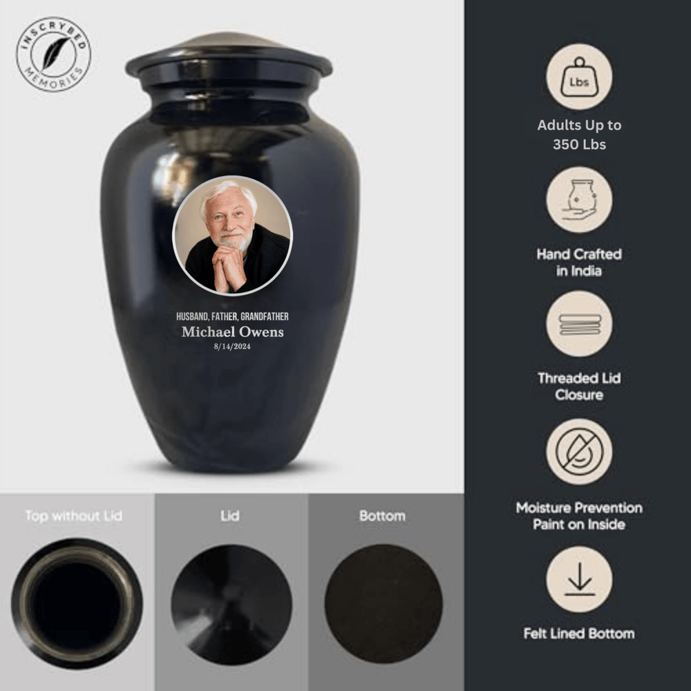 Extra Large Human Cremation Urn with Photo and Engraved Name Date on Vessel for Ashes and Cremains of Men & Women up to 350 Lbs | Black - Shepherds Shelf