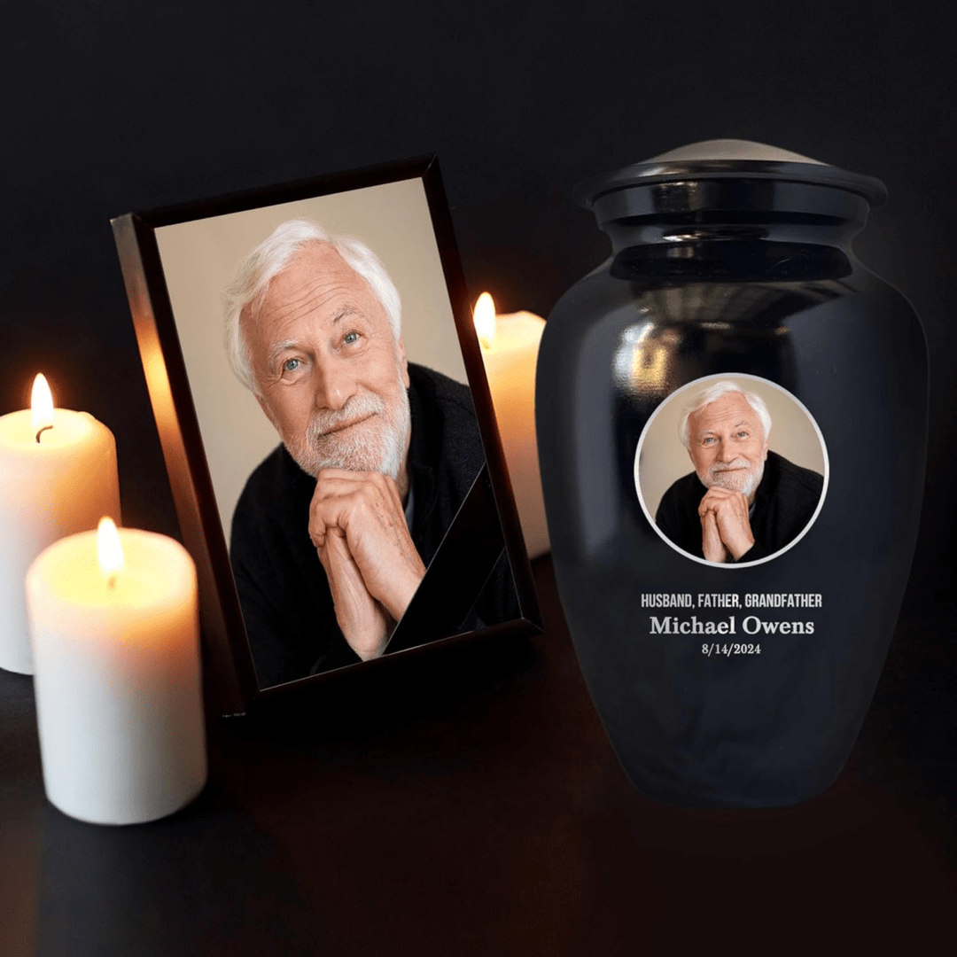 Extra Large Human Cremation Urn with Photo and Engraved Name Date on Vessel for Ashes and Cremains of Men & Women up to 350 Lbs | Black - Shepherds Shelf