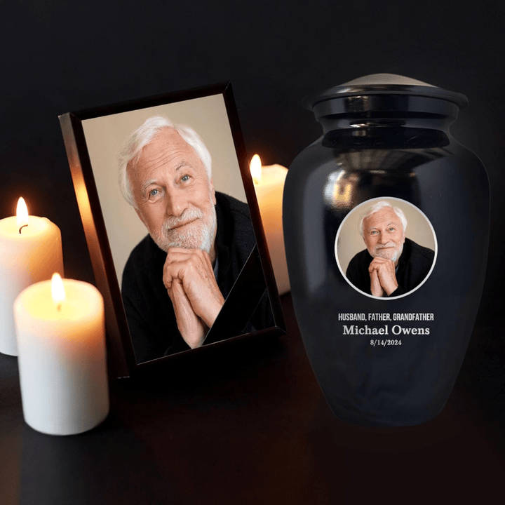 Extra Large Human Cremation Urn with Photo and Engraved Name Date on Vessel for Ashes and Cremains of Men & Women up to 350 Lbs | Black - Shepherds Shelf