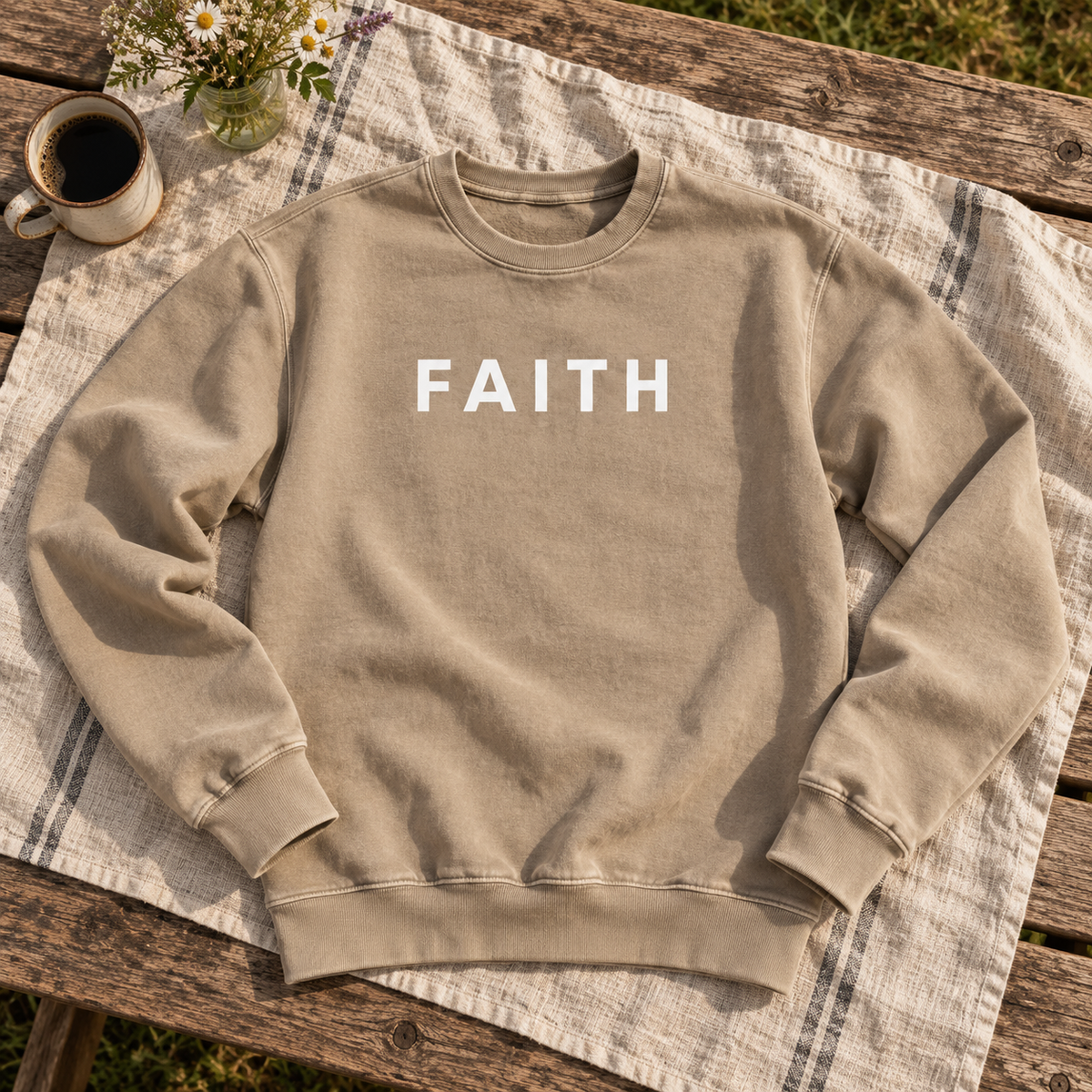 washed beige-taupe crewneck with white spaced uppercase FAITH centered chest — square editorial flat lay