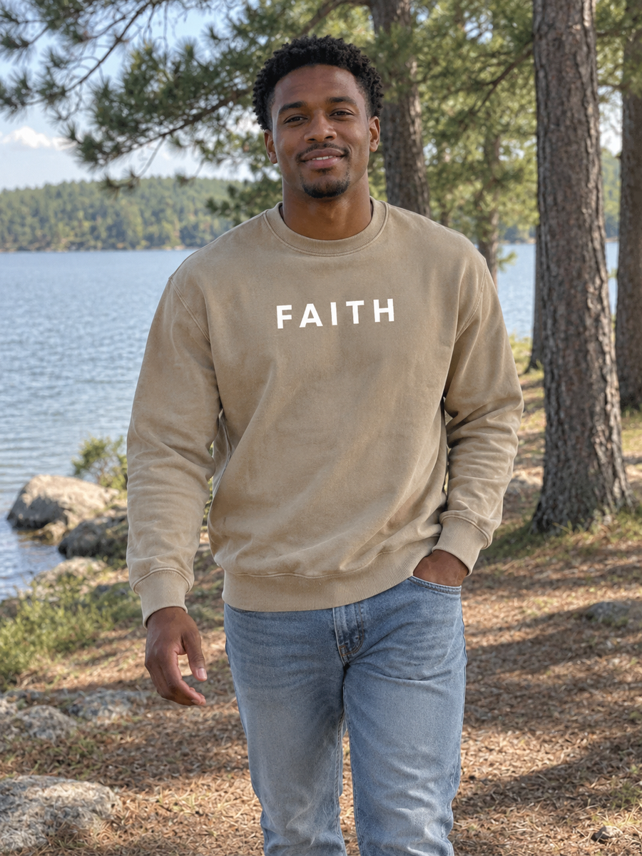 Faith Unisex Pigment-Dyed Crewneck Sweatshirt — Man walking lakeside pine grove