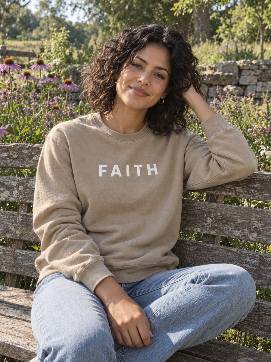 Faith Unisex Pigment-Dyed Crewneck Sweatshirt — Woman on garden bench by purple wildflowers