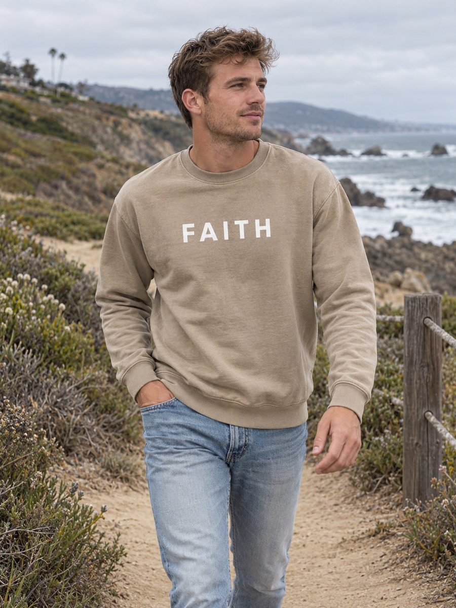 Faith Unisex Pigment-Dyed Crewneck Sweatshirt — Man on coastal trail