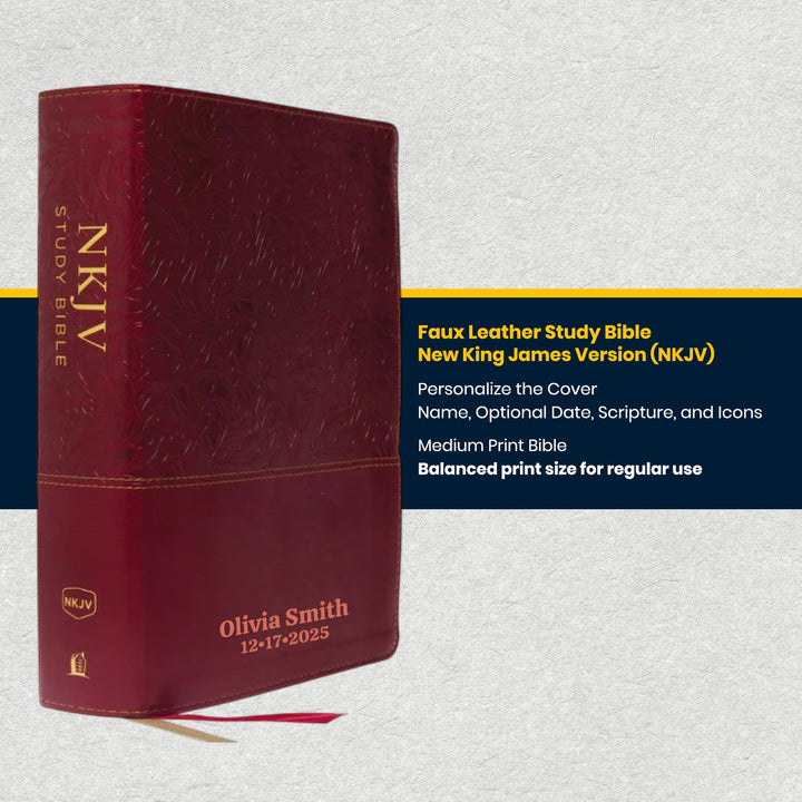 Custom NKJV Medium Print All-in-One Study Bible in Faux Leather Red with 15000 Bottom-of-page Study Notes | Christian Gift for Bible Study