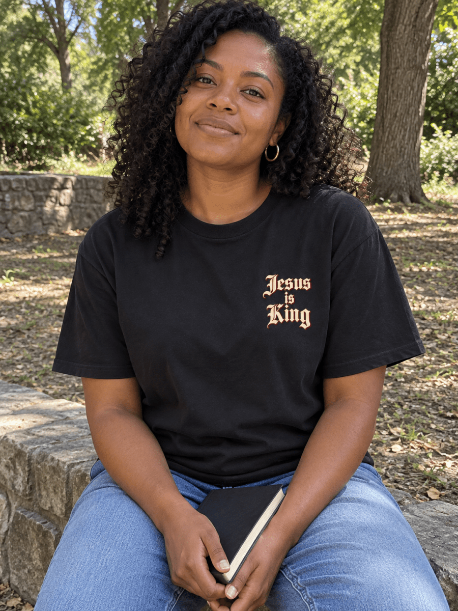 Jesus Is King Royal Lettering Unisex Garment-Dyed Tee — Black - Shepherds Shelf