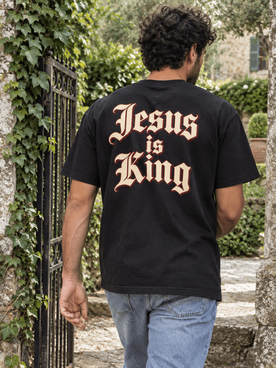 Jesus Is King Royal Lettering Unisex Garment-Dyed Tee — Black - Shepherds Shelf
