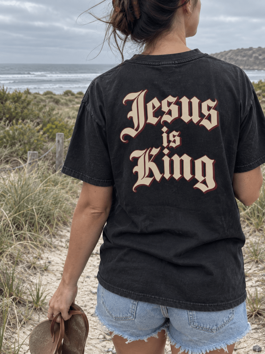 Jesus Is King Royal Lettering Unisex Garment-Dyed Tee — Black - Shepherds Shelf