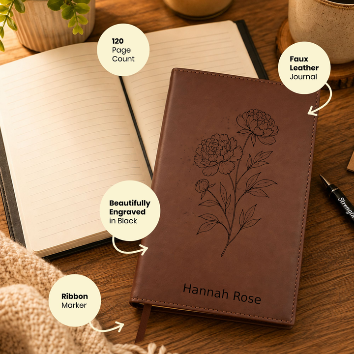 Personalized Brown Leatherette Journal Notebook | Peony White Flower