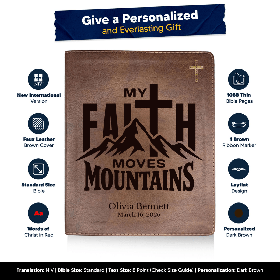 NIV Brown Standard Size Journaling Holy Bible Medium Print | My Faith Moves Mountains Collection