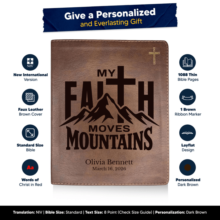 NIV Brown Standard Size Journaling Holy Bible Medium Print | My Faith Moves Mountains Collection