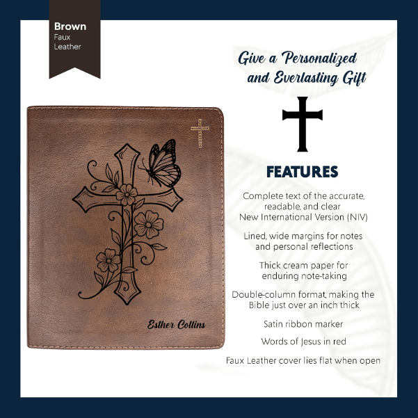 NIV Brown Standard Size Notetaking Holy Bible Medium Print | Cross + Butterfly - Shepherds Shelf