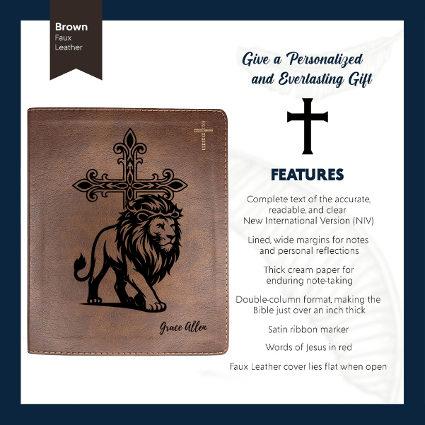 NIV Brown Standard Size Notetaking Holy Bible Medium Print | Lion With Cross - Shepherds Shelf